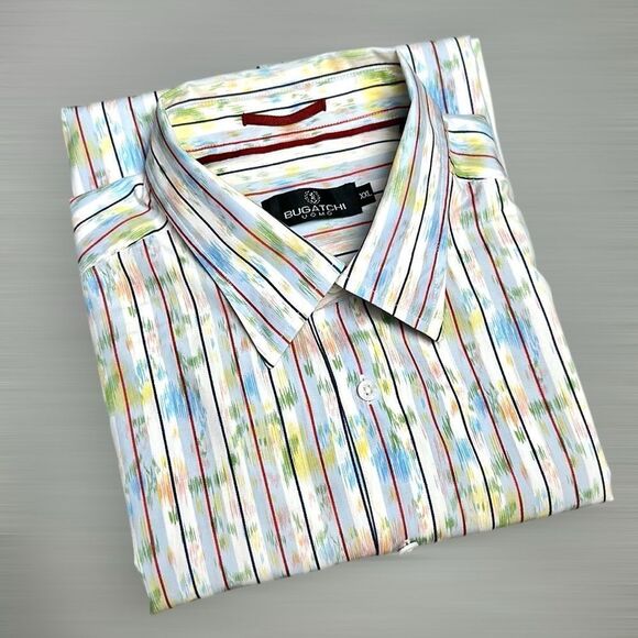 Bugatchi Uomo Cotton Shirt Button Down Striped White Multicolor Long Sleeve XXL - Picture 1 of 13